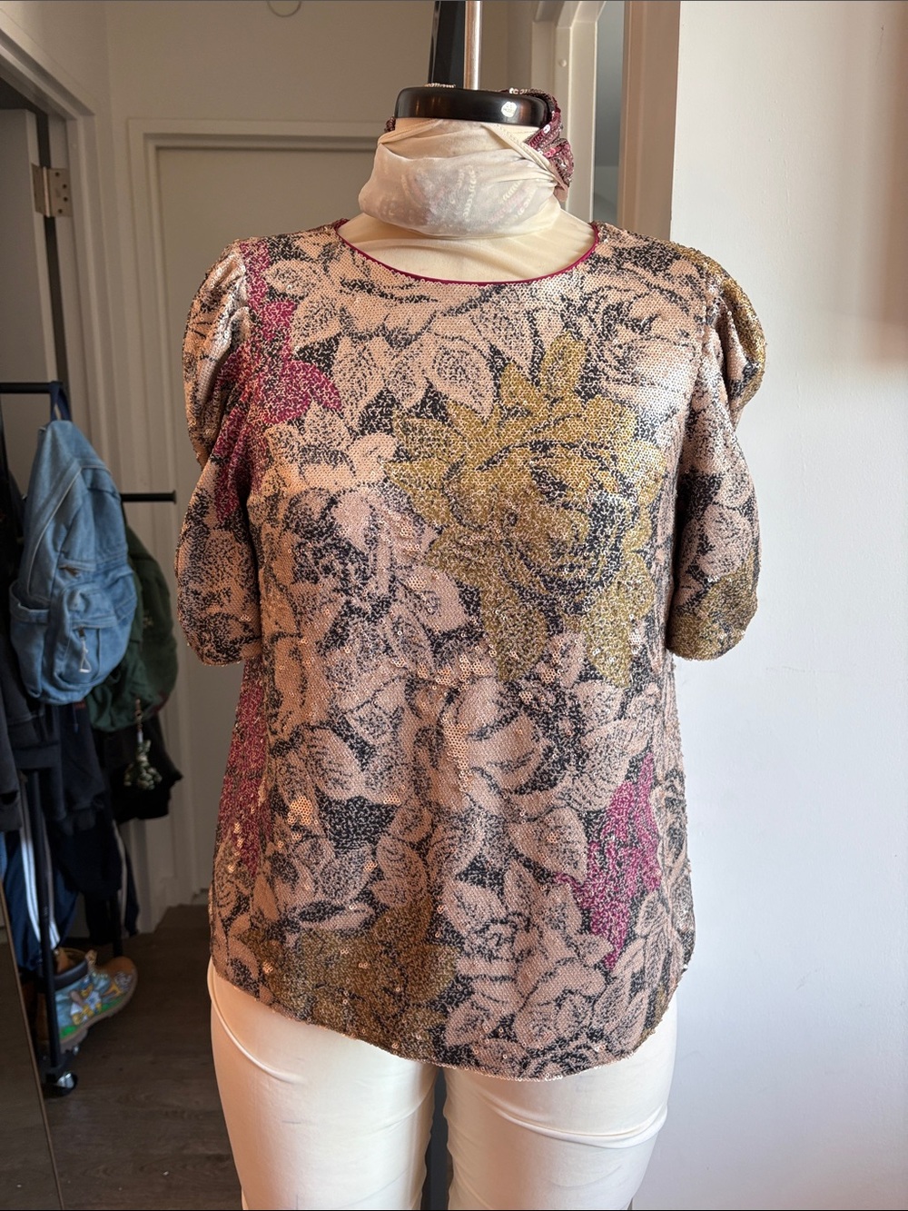 Anthropologie Metallic Floral Short-Sleeve Top - Pink, Gold, Black